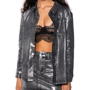 AKIRA FOIL EFFECT DENIM BUTTON DOWN TOP SILVER GREY LONG SLEEVE